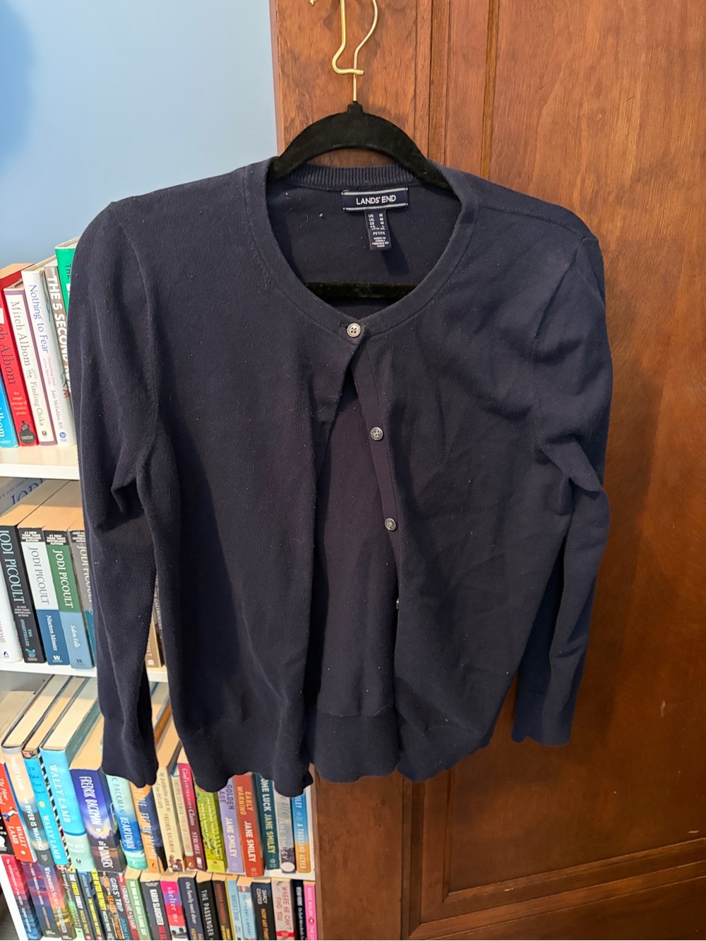 Lands' End Navy Button-Front Crewneck Cardigan